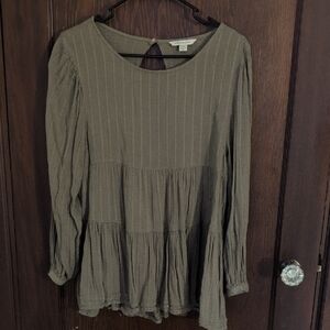 American Eagle Olive Green Boho Tiered Flowy Long Sleeve Blouse Size Small